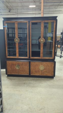 Dark Wood Burl Chinoiserie China Cabinet with Ornate Hardware