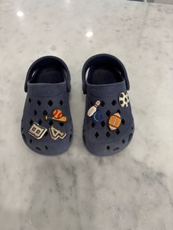 Kids Navy Blue Clogs with Sports charms size 10c