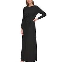 DKNY Women's Jewel-Neck Long-Sleeve Metallic Gown - Black