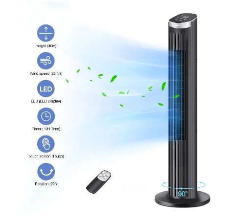 40Inch Tower Fans for Home, CIICII 90° Oscillating Floor Fan, LED Display with Remote,28ft/s High Velocity, 5 Speeds, 12H Timer, 3 Modes- Black