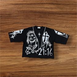 Black Graphic Jesus Tee – Airbrush Style Cross & Stars – Streetwear Y2K Shirt