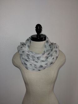 Women's White Slightly Sheer Scarf Black Heart Designs-EUC