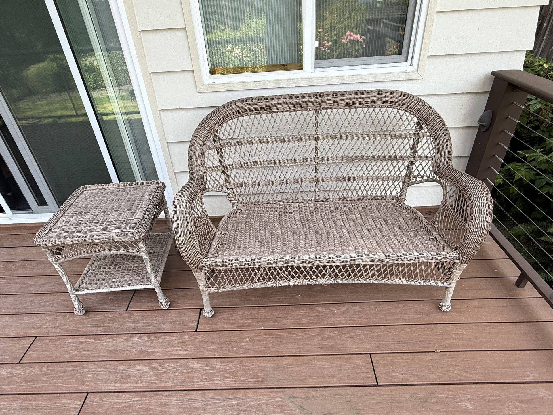 Vintage pier, one outdoor wicker, loveseat, and side table set