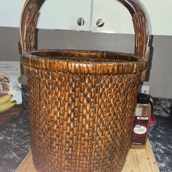 Large Antique Willow Grain Basket with Wooden Handle