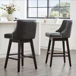 Martin 30 in. Retro Gray High Back Solid Wood Frame Swivel Bar Stool with Faux Leather Seat(Set of 2) Brand New
