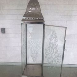 Very Large Silver Chrome Metal And Glass Indoor Outdoor Tabletop Or Hanging Lantern Or Candle Holder