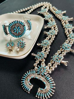 Authentic Zuni Sterling Silver Turquoise Jewelry Set, Squash Blossom Necklace, Signed Y. Dishta Bracelet, Matching Earrings