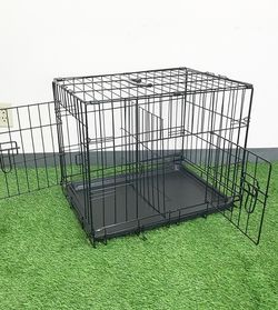 (NEW) $30 Double Door 24” Dog Crate Cage Folding Metal Kennel, Plastic Tray 24x17x19 Inches