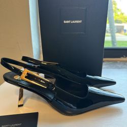 Saint Laurent Lee Slingback Pumps In BLK Patent Leather Size 10