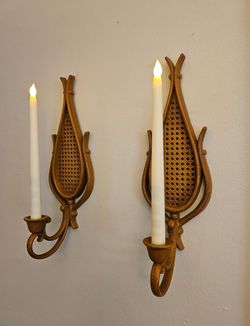 Pair of Wood and Cane faux Wall Candle Sconces