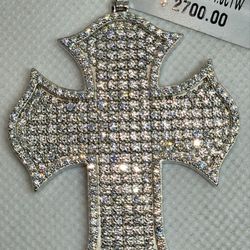 925 Sterling Silver Cross Pendant With Genuine Moissanite 14 Carats 29 Grams Over 3 Inches 100% Authentic