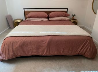 King Bed Frame – Black Metal & Wood Headboard