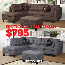 New In The Box 📦 Brown / Grey Fabric Living Room Sectional + Ottoman - Delivery And Financing Available 