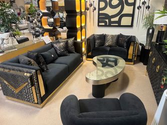 Hot Sale... Luxury Black Velvet & Gold Trim SOFA & LOVE SEAT. While supplies last!!