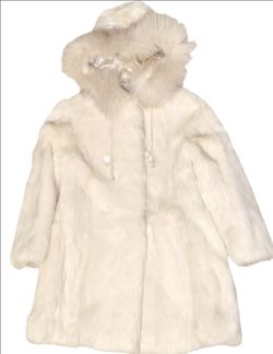 Girls VTG Princess Caravelle Ivory Genuine Satin Rabbit Fur Hooded Coat 5-6yrs