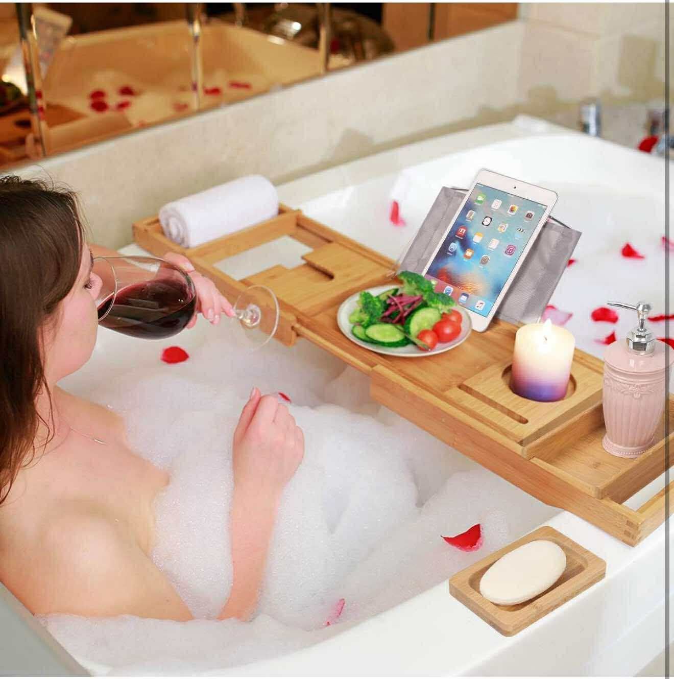 Bamboo Bathtub Caddy Tray Expandable for Luxury Bath, & Table ,Natural