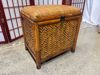 Vintage Boho Chic Coastal Rattan and Bamboo Wicker Storage Trunk