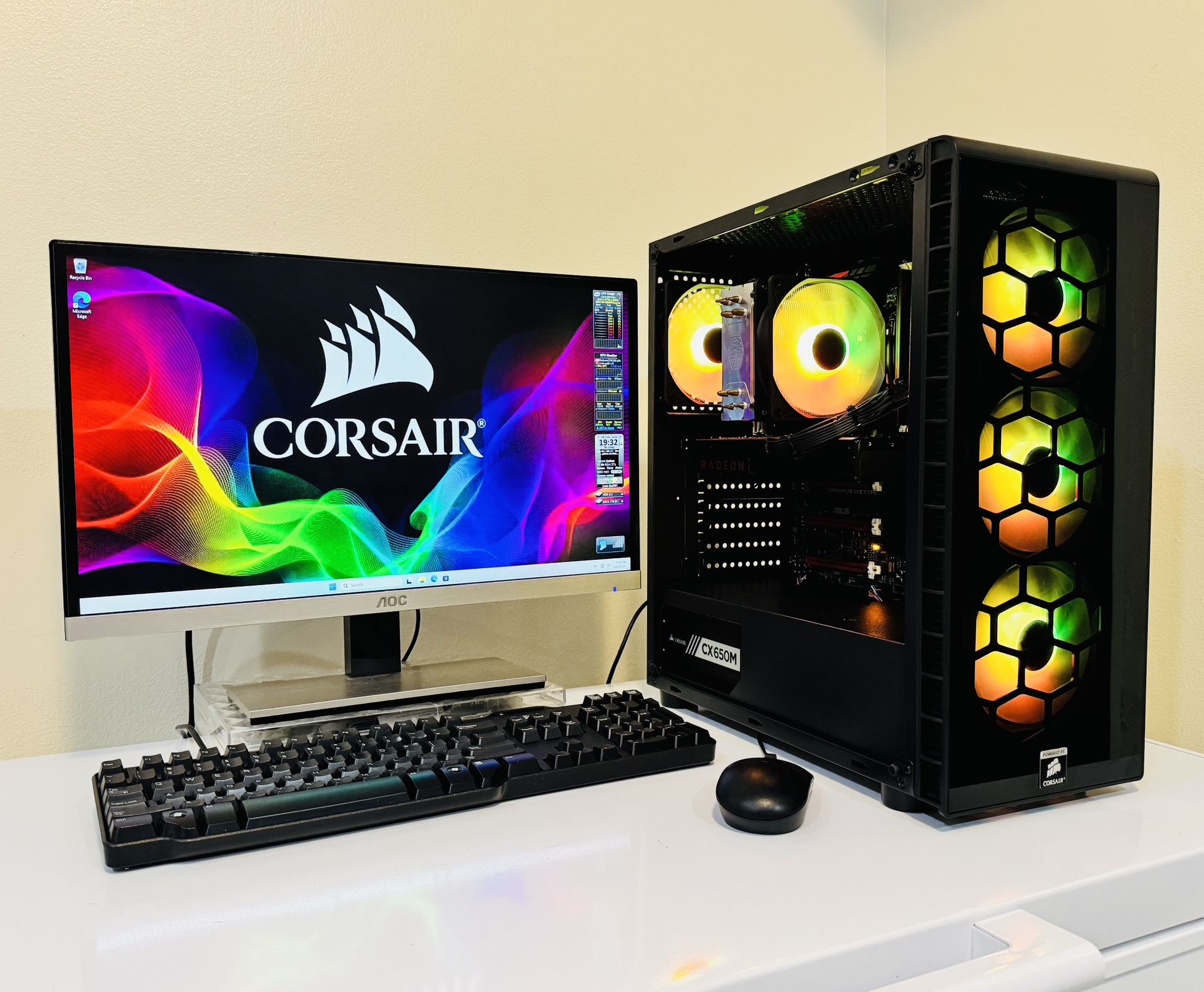 NEW CORSAIR Gaming PC 8 Core I7K @3,5 GHz. GPU AMD RX580 4G.  256G M2 NVme / 1T HDD, 16G RAM. WIFI. Bluetooth. USB3, 650W 80+ PSU. 22”Monit. Win11 Pro