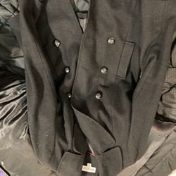 Men. Slim Fit Double-breasted Pea coat. Size Small. Black. Free Scarf