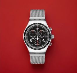Swatch YVS401GB Black Dial Metal Band Chronograph Quartz 43mm