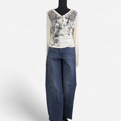 Y2K-style white long sleeve shirt + RSQ High Rise flare jeans