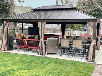 12' X 20' Hardtop Gazebo, Upgraded Metal Gazebo with Drainage System, Dual-Layer Galvanized Steel Roof, Curtain and Netting, Outdoor Shelter Canopy fo
