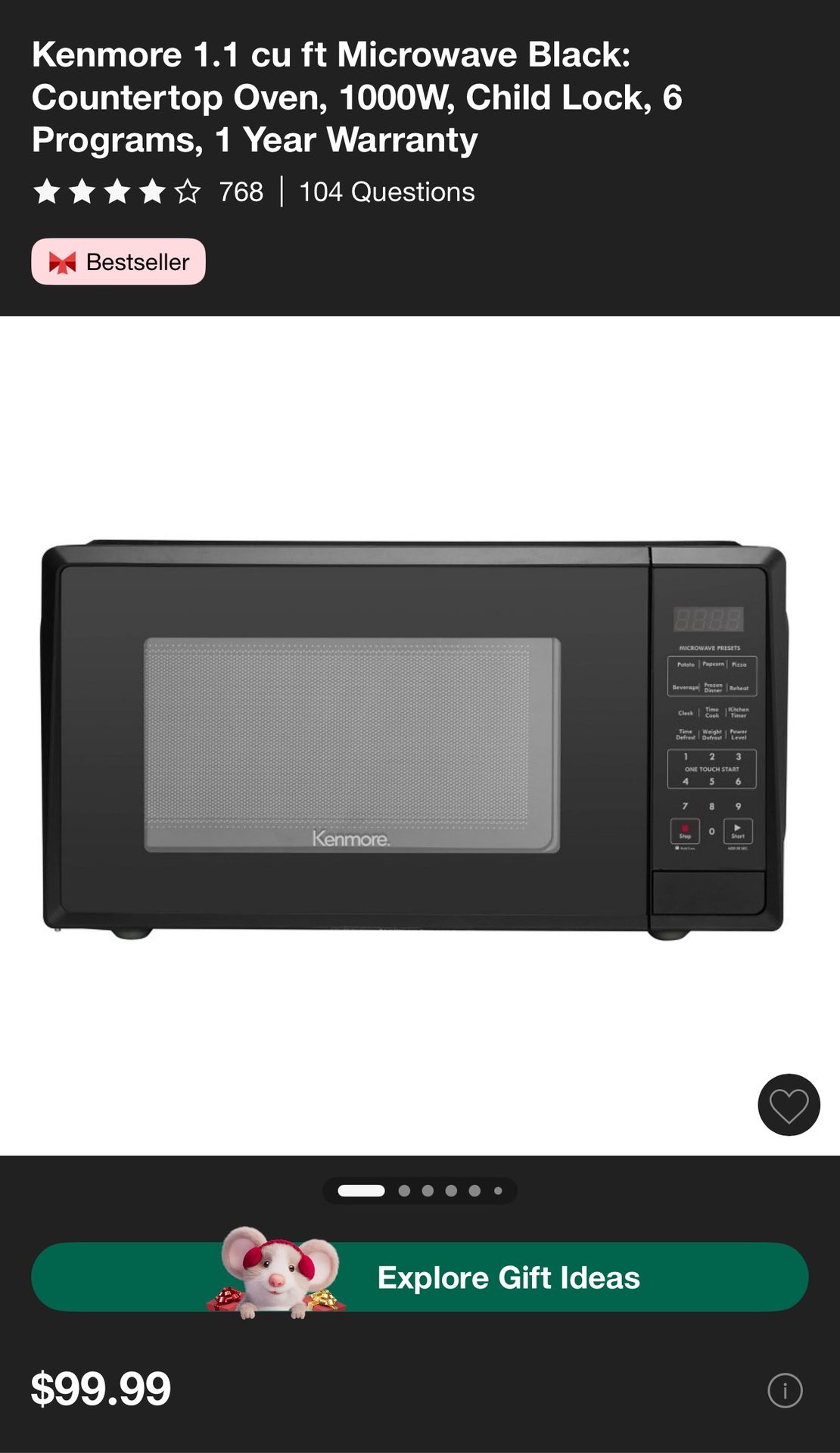 1.1 cu ft Microwave Black: Countertop Oven, 1000W