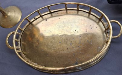 Vintage small oval bamboo brass tray with handles
