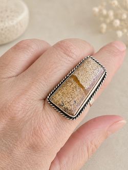 Unique Silver Beige Picture Jasper Statement Ring-Artisan-Sz 7