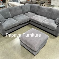 Plush Grey Sectional Sofa And Ottoman, Sectionals, Sofa, Couch, Grey Couch, Grey Sofa, L-Shaped Sofa, Plush Sectional Couch,Living Room Sofa. 