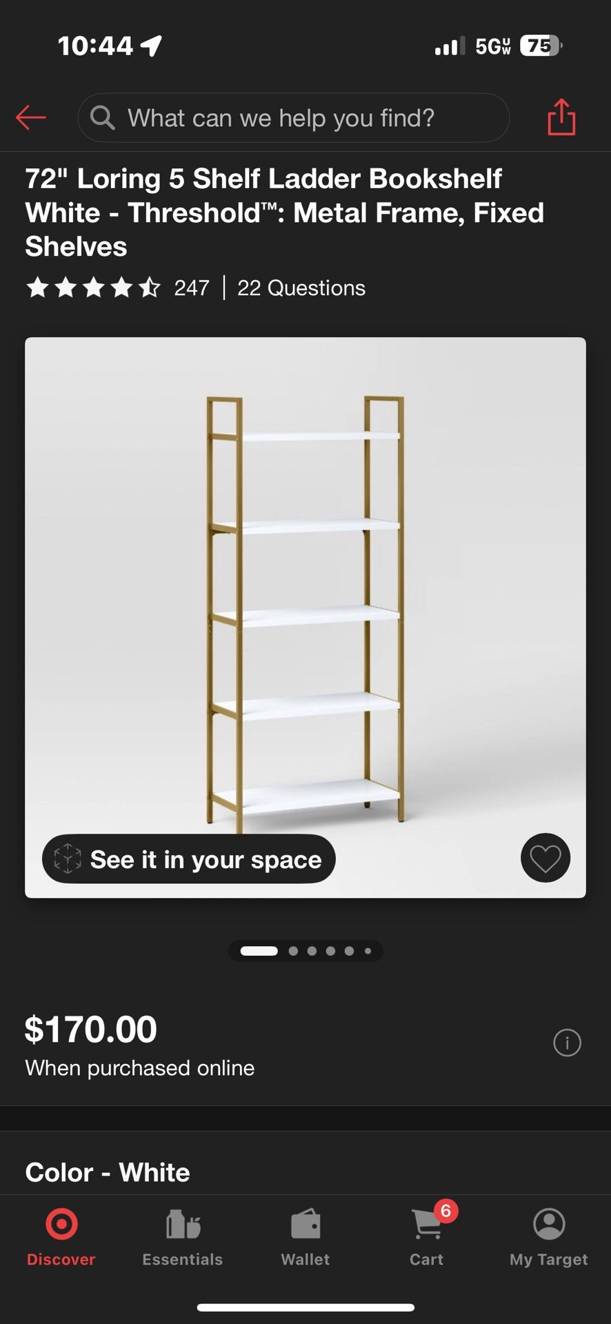 72" Loring 5 Shelf Ladder Bookshelf White - Thresholdâ„¢: Metal Frame, Fixed Shelves