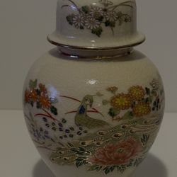 Vintage Sato Garden.Peacocks & Peonies Urn/Ginger Jar w/ Lid OMC Japan