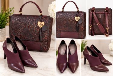New Burgundy Artisan Leather Purse/Backpack & Matching Designer Heels – Stylish Set