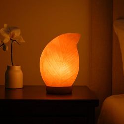 Hand Carved Himalayan Salt Lamp: Amber Leaf, Natural Air Purifier