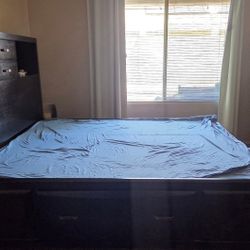 Dark Wood Storage Bed Frame with Bookcase Headboard
