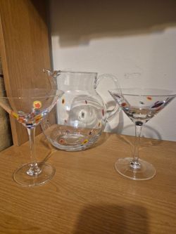 Mexican Confetti Hand-Blown Pitcher with 2 Martini Glasses