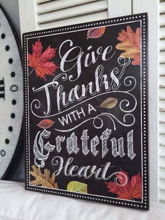 *~ Give Thanks With a Grateful Heart ~* Fall Leaves Fancy Wood Chalkboard Art Sign