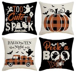 Plaid Pumpkin Truck Halloween Throw Pillow Covers 18x18 Set of 4. Black Orange Halloween Decorations Square Decorative Couch Pillows Sofa Li