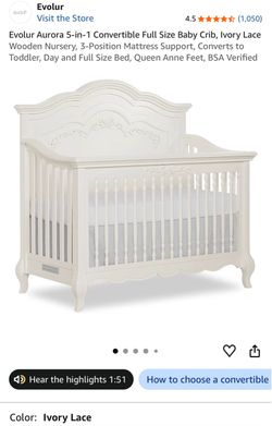 Evolur Aurora 5-in-1 Convertible Full Size Baby Crib, Ivory Lace Wooden Nursery, 3-Position Mattress Support, Converts to Toddler, Day and Full Size B