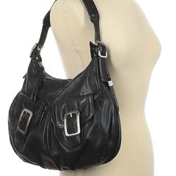 🖤COLE HAAN Y2K Leather Large Black Hobo Shoulder Bag Silver Buckle Flap Pockets Zip Closure