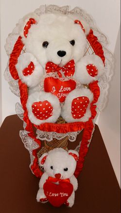 Teddy bear on woven chair