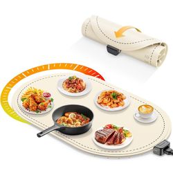 Food Warming Mat for Table & Buffet, Fast Heating Serving Pad with Adjustable Temperature & Timer, Foldable Silicone Heating Mat for Family Meals, Par