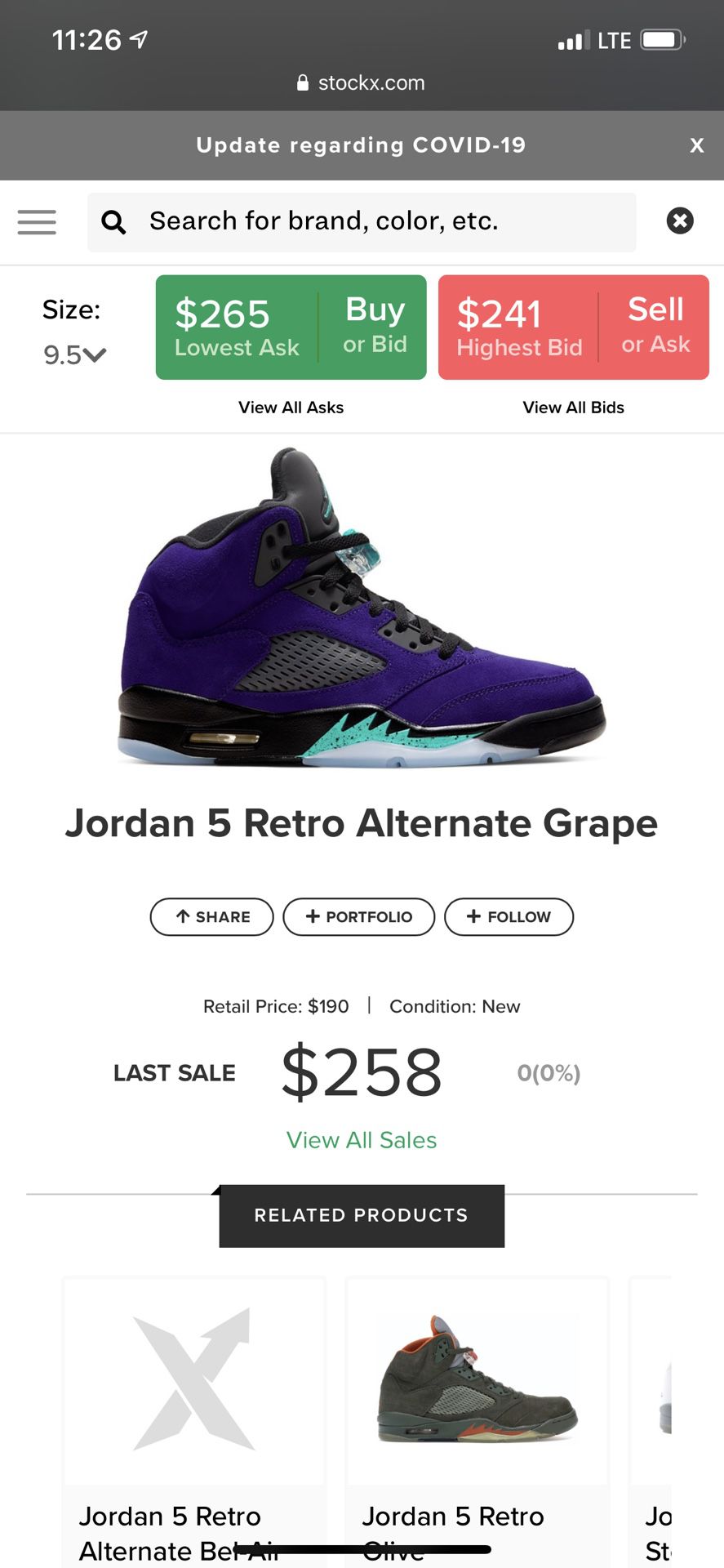 Jordan 5 Alternate Grapes Size 9.5