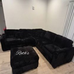 4-Pc Jumbo Fur-Like Corduroy Sectional Sofa With Ottoman 