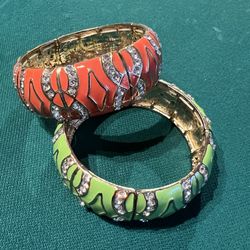 TWO Ornate Bracelets Gold tone with clear gemstones 