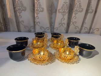 Turkish Coffee Cup Set with Gold Filigree Holders