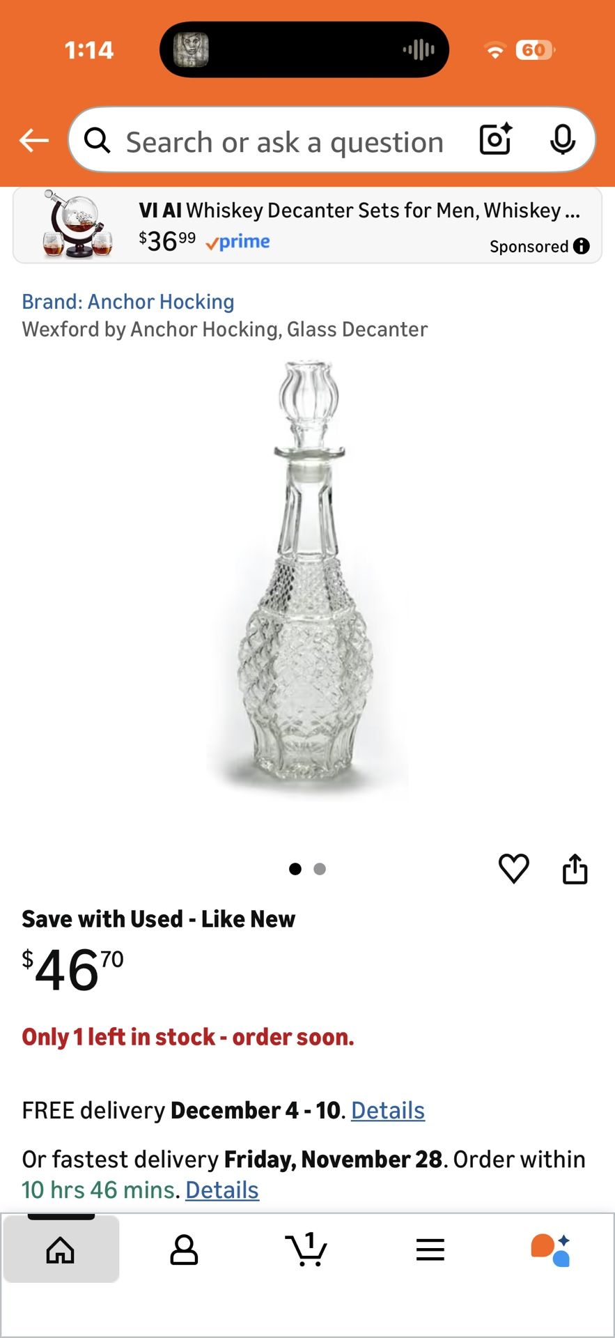 Tall Chrystal Bottle With Cork Anchor Hocking. 1960