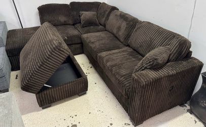 Sectional - Brown Corduroy - Modular U Shape Sectional - With Storage Ottoman - 6 Seater + Ottoman
