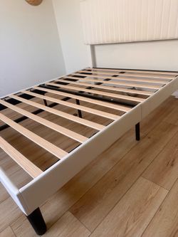 Queen bed frame with white velvet headboard