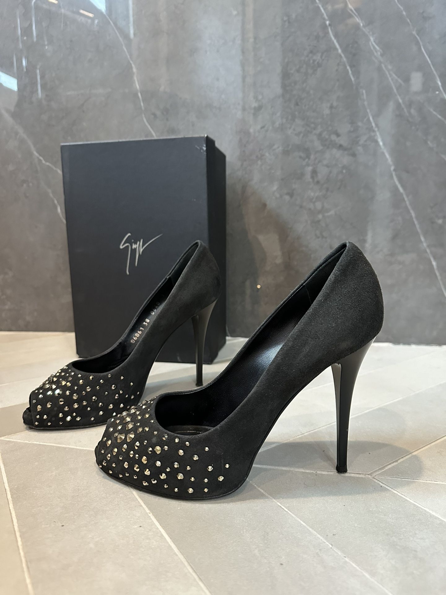 Giuseppe Zanotti Charcoal Grey Suede Heels W/Crystals - 38